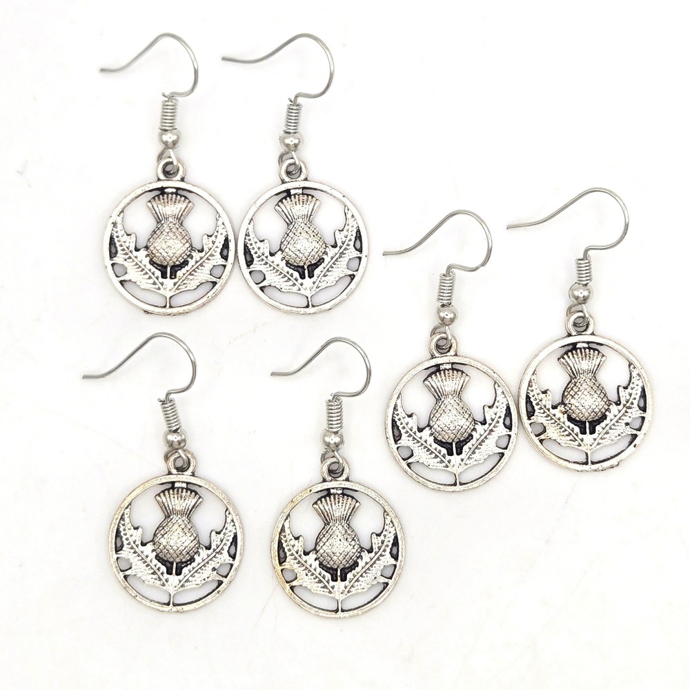 3 Pair Scottish Thistle Drop Earrings Silver Tone Flower Floral Circular Dangle